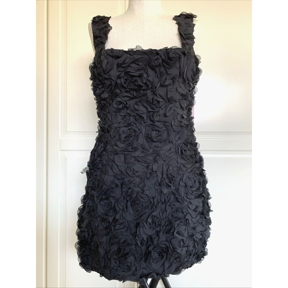 Oh Polly Black Rosette Textured Lace Up Cocktail Party Dress 3D Floral Rose Sz 8